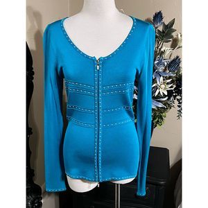 Cache Turquoise Long Sleeve Embellished Sweater Size Medium